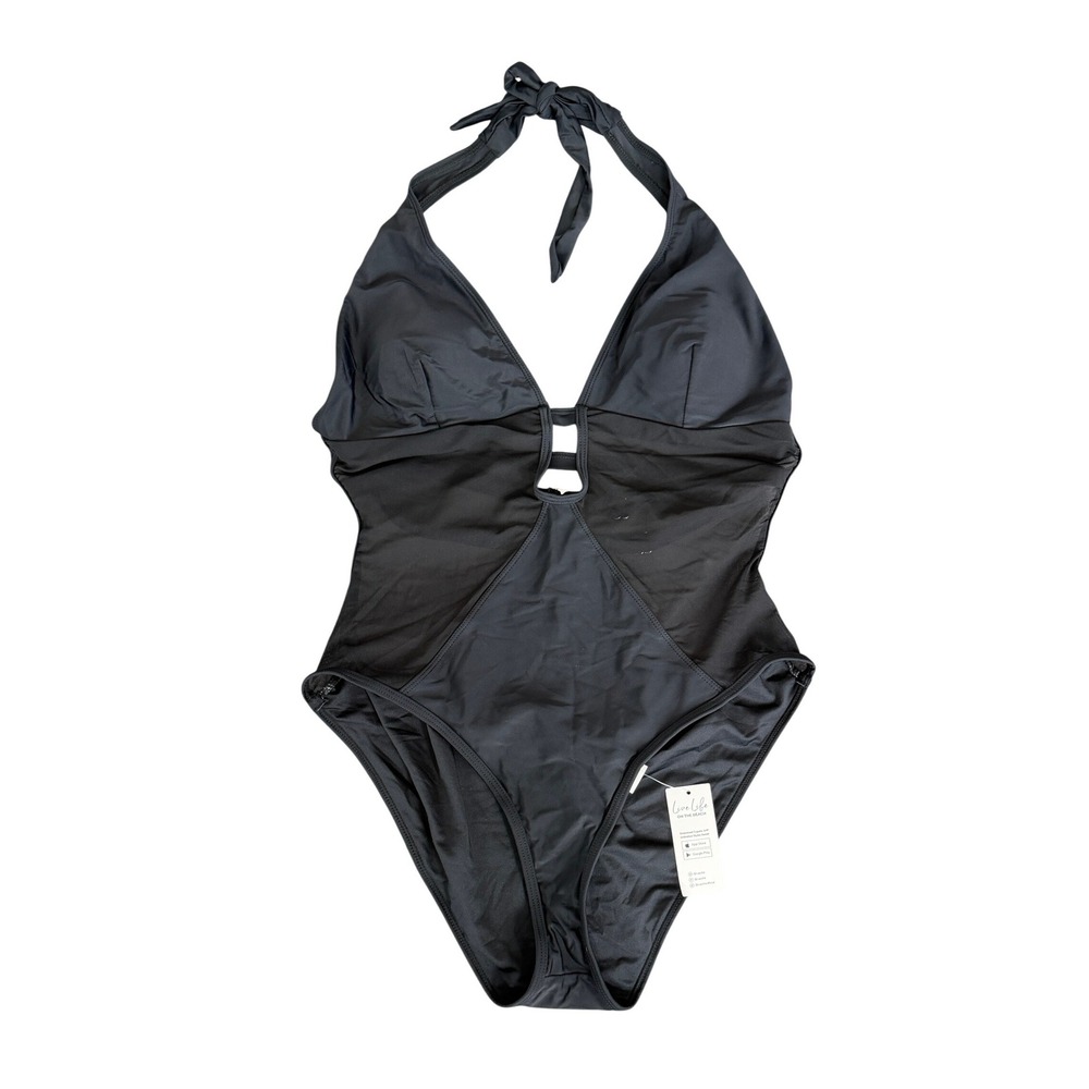 Cupshe Halter One Piece Swimsuit XL Black Mesh Panels Summer Swim Beach Vacation